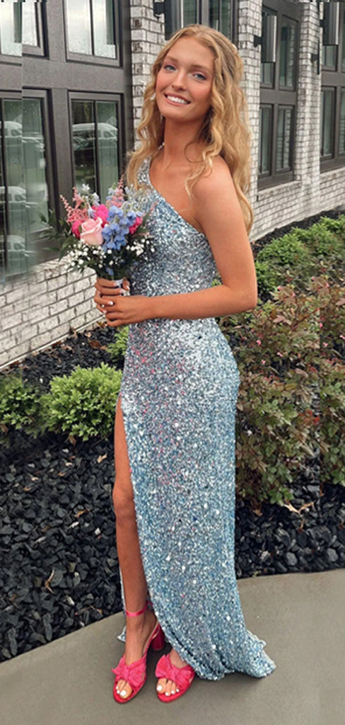 Long Sleeves Blue Sequins Long Evening Prom Dresses, One Shoulder Prom Dress, DB0325