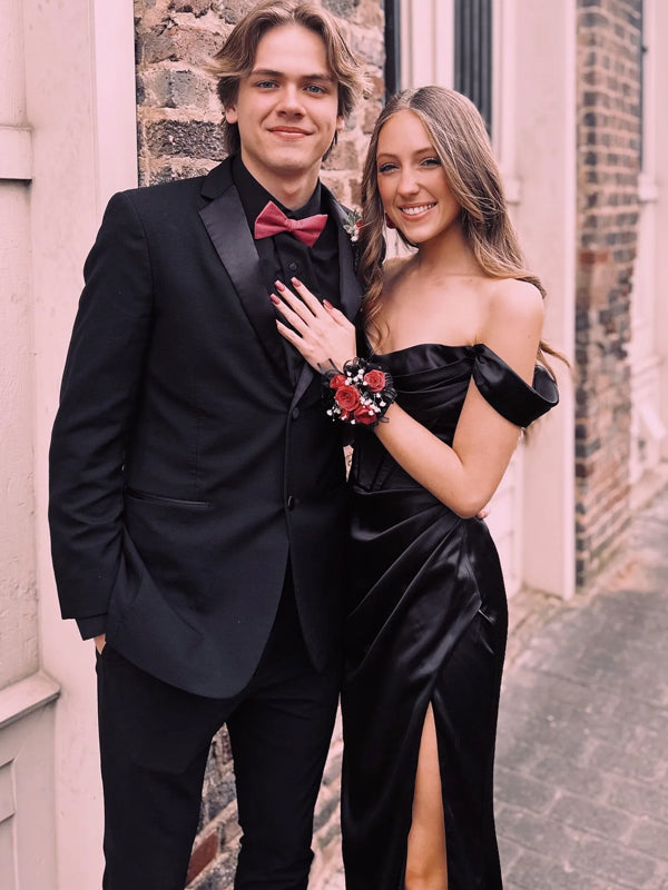 Off Shoulder Black Satin High Slit Long Evening Prom Dresses, DB0326