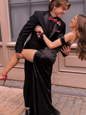 Off Shoulder Black Satin High Slit Long Evening Prom Dresses, DB0326