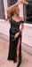 Off Shoulder Black Satin High Slit Long Evening Prom Dresses, DB0326
