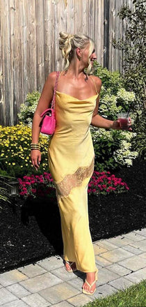 Simple Yellow Lace Spaghetti Straps Long Evening Prom Dresses, DB0330