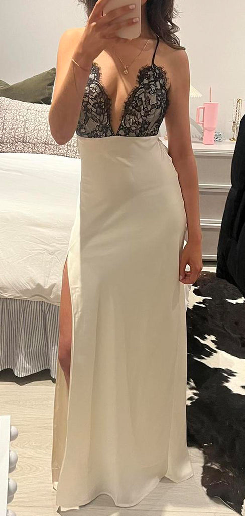 Sexy Deep V-neck Ivory Long Evening Prom Dresses, Lace Wedding Dress, DB0331