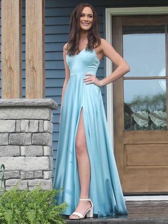 A-line Blue Satin V-neck Long Evening Prom Dresses, DB0332