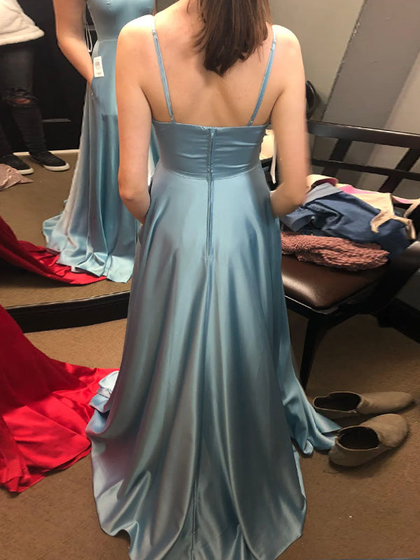 A-line Blue Satin V-neck Long Evening Prom Dresses, DB0332