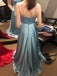 A-line Blue Satin V-neck Long Evening Prom Dresses, DB0332
