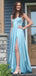 A-line Blue Satin V-neck Long Evening Prom Dresses, DB0332