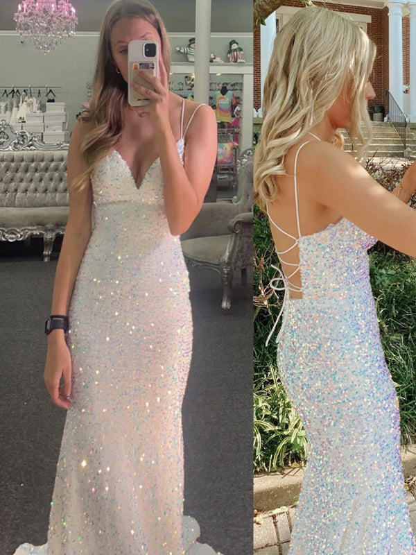 Backless Mermaid White Sequins Long Evening Prom Dresses, DB0334