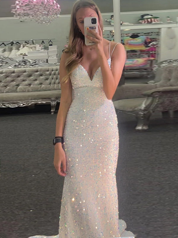 Backless Mermaid White Sequins Long Evening Prom Dresses, DB0334