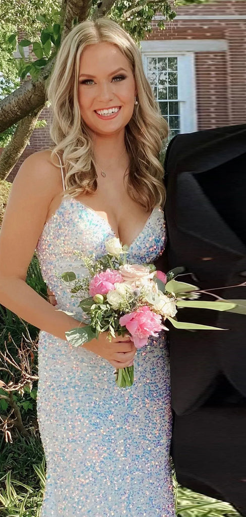 Backless Mermaid White Sequins Long Evening Prom Dresses, DB0334