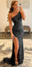 One Shoulder Black Mermaid Sequins Long Evening Prom Dresses, DB0335