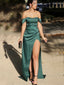 Green Satin High Slit Long Off Shoulder Evening Prom Dresses, DB0336