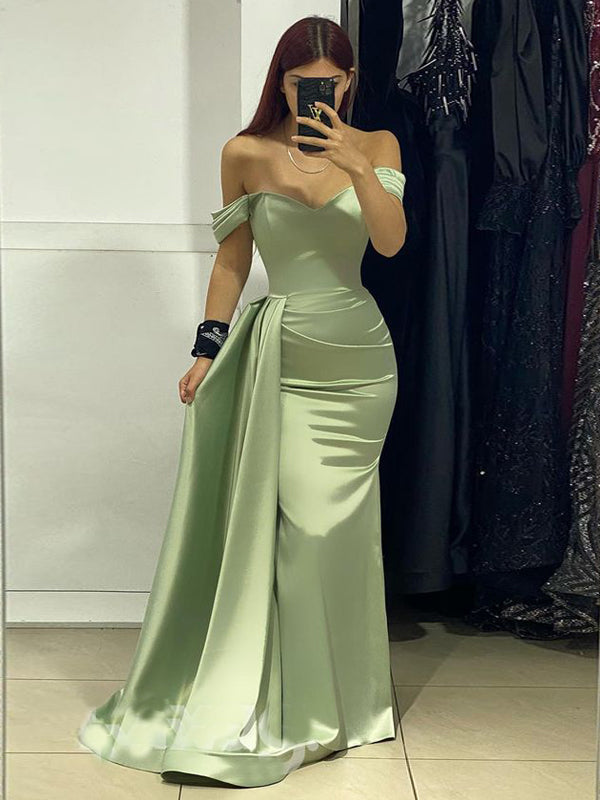 Sage Green Satin Off Shoulder Long Evening Prom Dresses, DB0337
