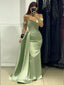 Sage Green Satin Off Shoulder Long Evening Prom Dresses, DB0337