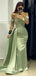 Sage Green Satin Off Shoulder Long Evening Prom Dresses, DB0337