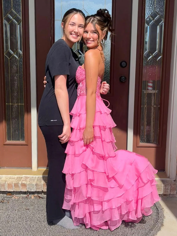 A-line Hot Pink Appliques Sweet Heart Long Evening Prom Dresses, DB0338