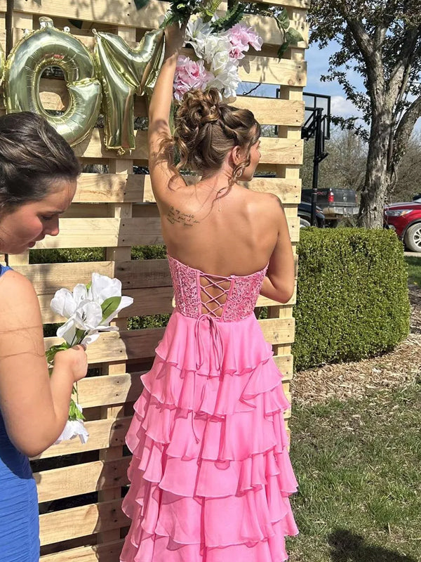 A-line Hot Pink Appliques Sweet Heart Long Evening Prom Dresses, DB0338