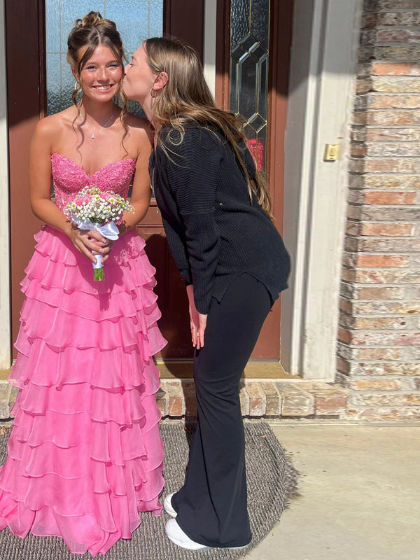 A-line Hot Pink Appliques Sweet Heart Long Evening Prom Dresses, DB0338