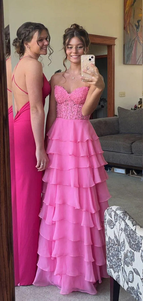A-line Hot Pink Appliques Sweet Heart Long Evening Prom Dresses, DB0338