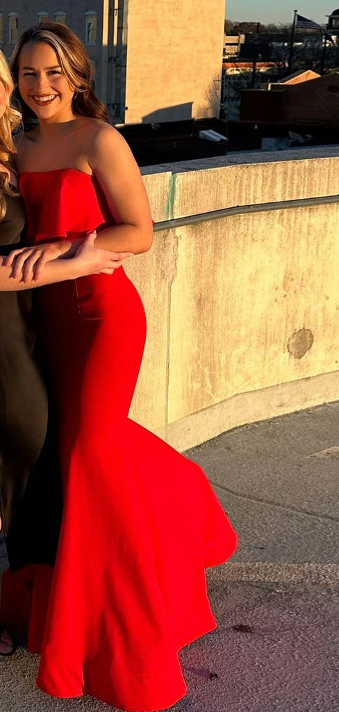 Red Mermaid Strapless Long Evening Prom Dresses, DB0340