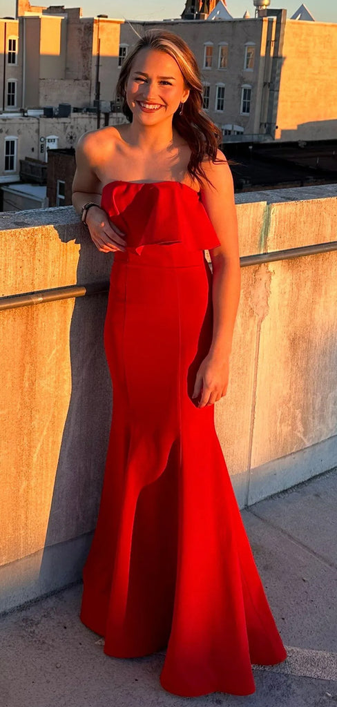 Red Mermaid Strapless Long Evening Prom Dresses, DB0340