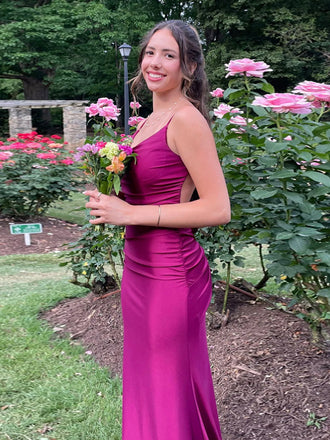 Grape Backless Spaghetti Straps V-neck Long Evening Prom Dresses, DB0341