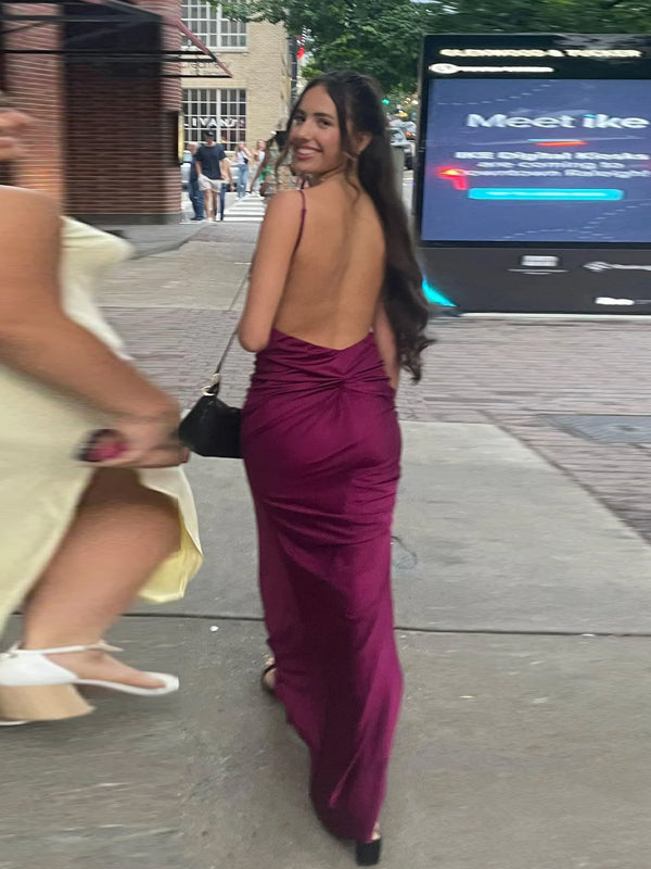 Grape Backless Spaghetti Straps V-neck Long Evening Prom Dresses, DB0341