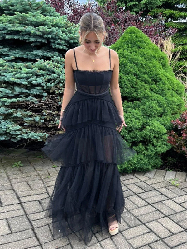 Popular Spaghetti Straps Black Tulle Long Evening Prom Dresses, DB0343