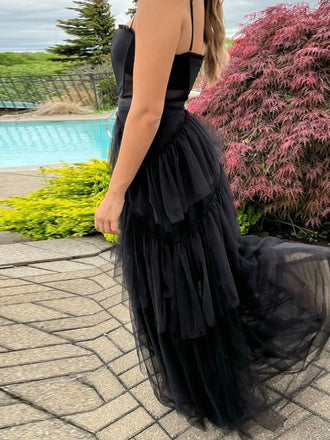 Popular Spaghetti Straps Black Tulle Long Evening Prom Dresses, DB0343
