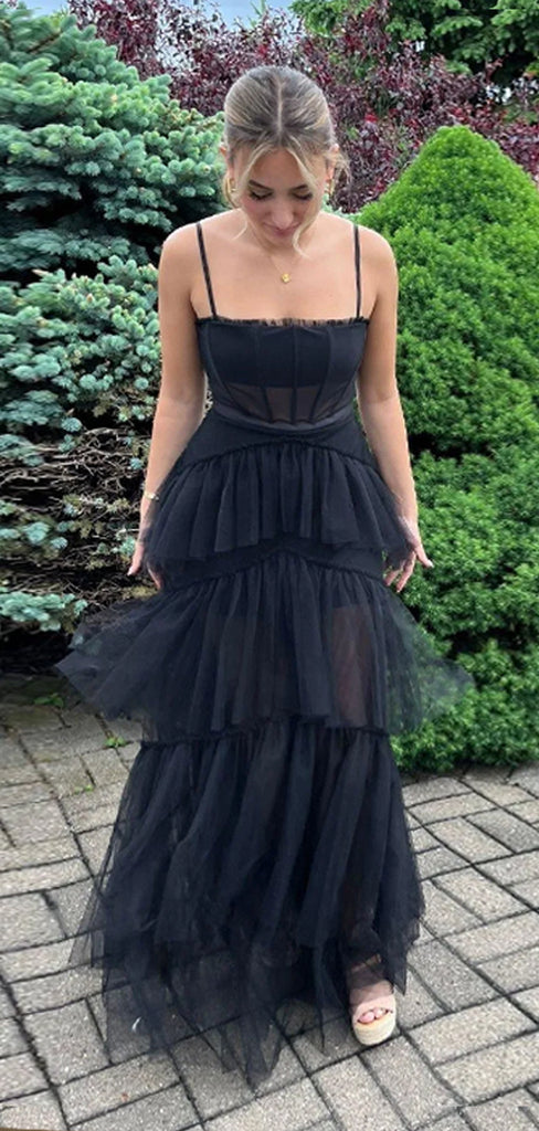 Popular Spaghetti Straps Black Tulle Long Evening Prom Dresses, DB0343
