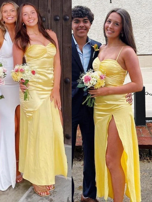 Yellow Satin High Slit Backless Long Evening Prom Dresses, DB0344