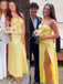 Yellow Satin High Slit Backless Long Evening Prom Dresses, DB0344