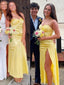 Yellow Satin High Slit Backless Long Evening Prom Dresses, DB0344