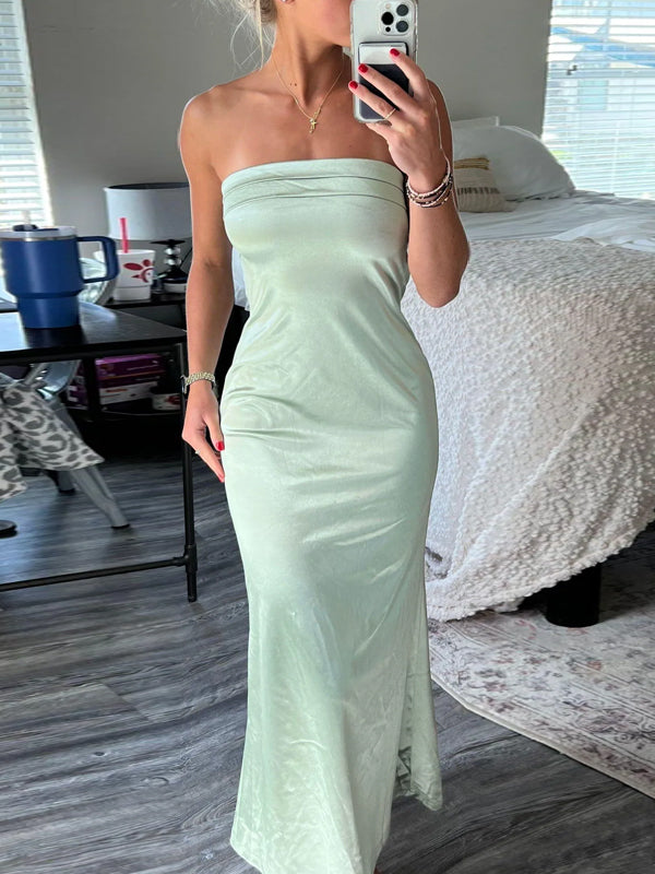 Sage Green Satin Mermaid Strapless Long Evening Prom Dresses, DB0345