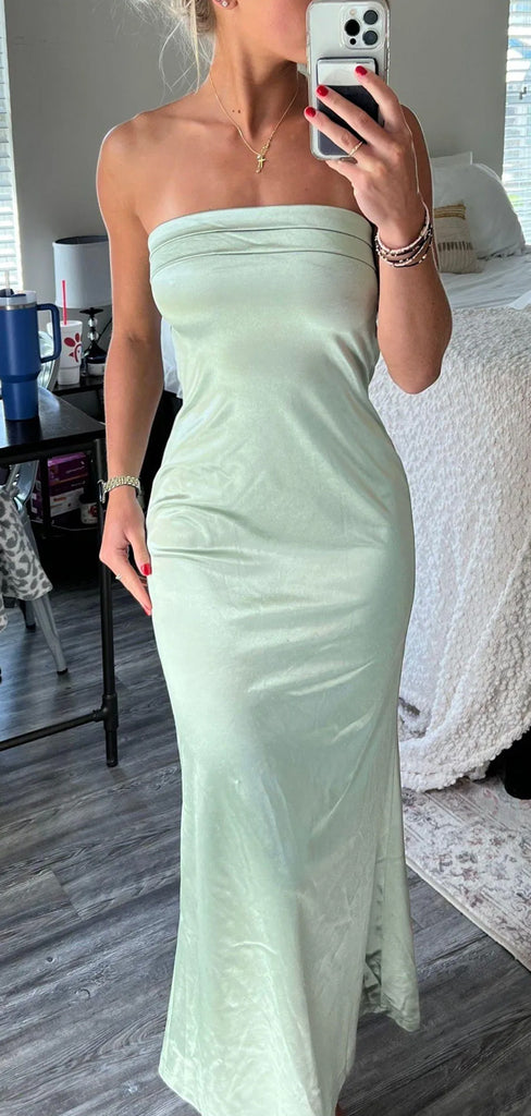 Sage Green Satin Mermaid Strapless Long Evening Prom Dresses, DB0345
