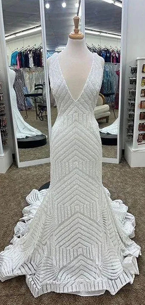 White Sequins Deep V-neck Long Evening Prom Dresses, Sparkly Wedding Dress, DB0346
