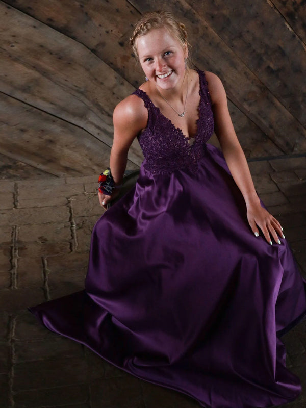 Purple Satin Appliques V-neck Long Evening Prom Dresses, A-line Prom Dress, DB0347