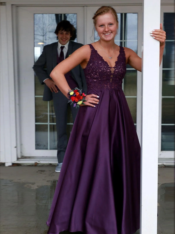 Purple Satin Appliques V-neck Long Evening Prom Dresses, A-line Prom Dress, DB0347