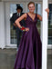 Purple Satin Appliques V-neck Long Evening Prom Dresses, A-line Prom Dress, DB0347