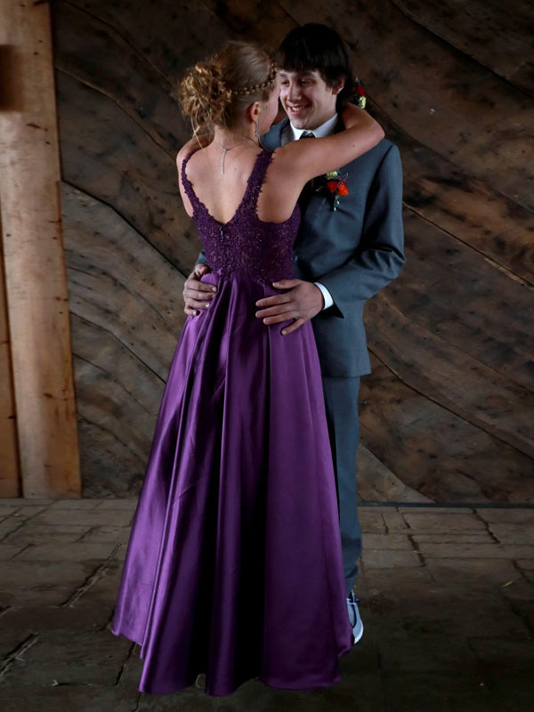 Purple Satin Appliques V-neck Long Evening Prom Dresses, A-line Prom Dress, DB0347