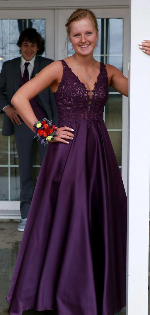 Purple Satin Appliques V-neck Long Evening Prom Dresses, A-line Prom Dress, DB0347