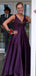 Purple Satin Appliques V-neck Long Evening Prom Dresses, A-line Prom Dress, DB0347