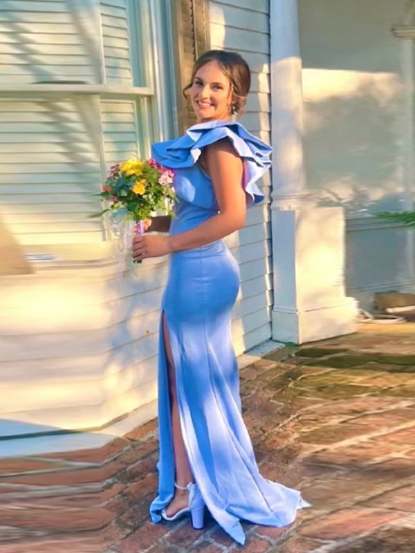 Blue Mermaid One Shoulder Long Evening Prom Dresses, DB0348