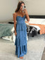 Dusty Blue A-line Spaghetti Straps Long Evening Prom Dresses, DB0349