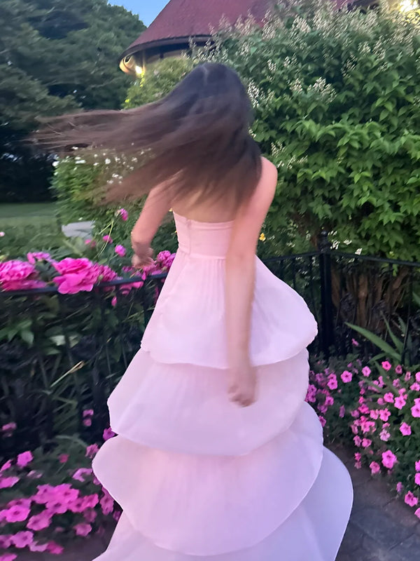 Gorgeous Pink Chiffon Sweet Heart A-line Long Evening Prom Dresses, DB0351