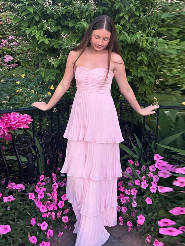 Gorgeous Pink Chiffon Sweet Heart A-line Long Evening Prom Dresses, DB0351