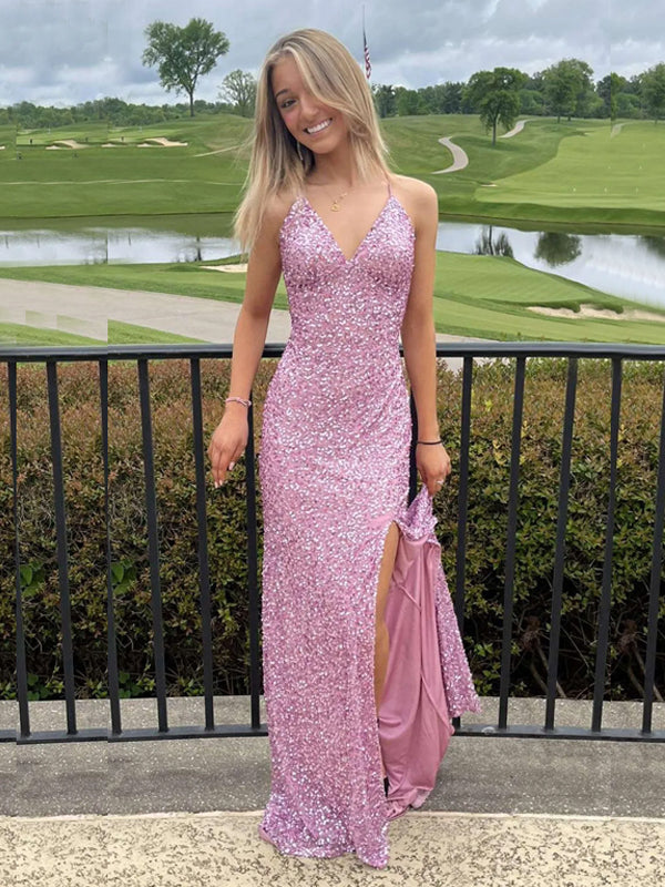 Backless Purple Sequins Side Slit Long Evening Prom Dresses, V-neck Prom Dress, DB0352