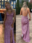 Backless Purple Sequins Side Slit Long Evening Prom Dresses, V-neck Prom Dress, DB0352