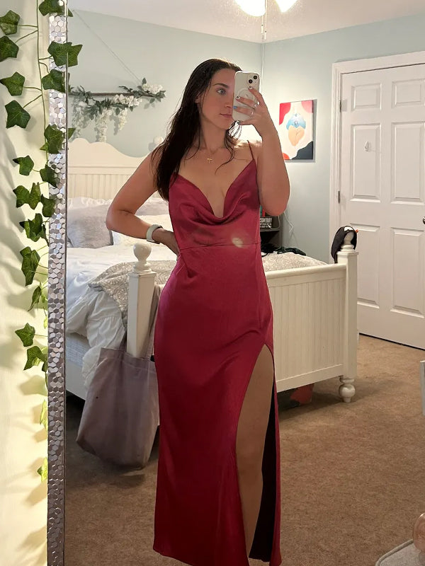 Cowal Neck Dark Red Satin Long Evening Prom Dresses, Side Slit Prom Dress, DB0354