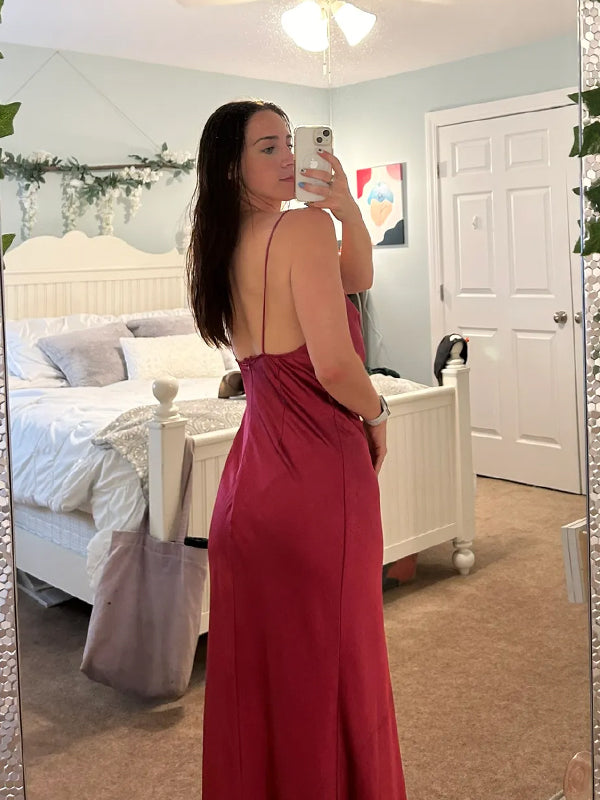 Cowal Neck Dark Red Satin Long Evening Prom Dresses, Side Slit Prom Dress, DB0354