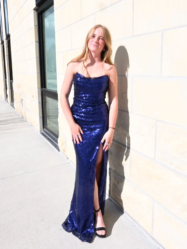 Lovely Blue Sequins Strapless Mermaid Long Evening Prom Dresses, DB0355